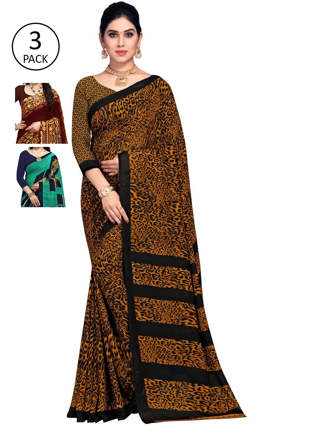 

KALINI Pack of 3 Printed Poly Georgette Sarees, Multi