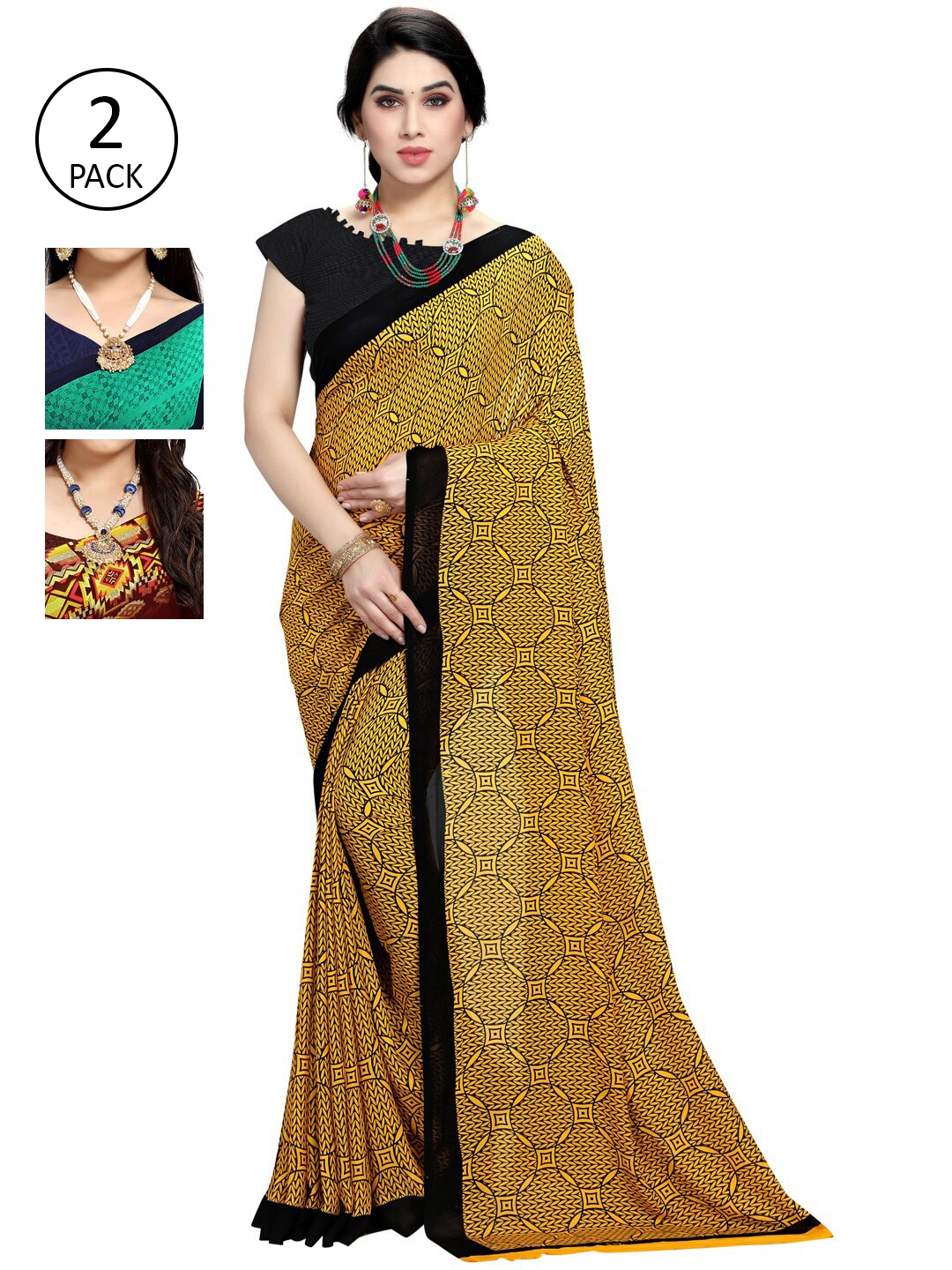 

KALINI Pack of 3 Poly Georgette Sarees, Blue