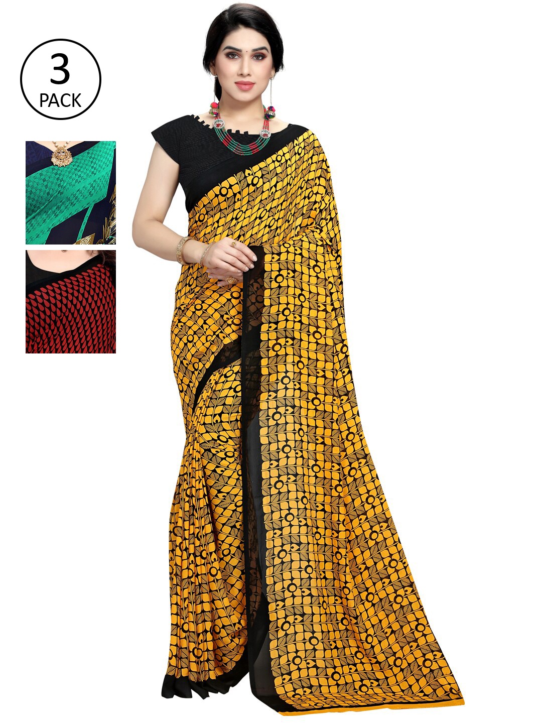 

KALINI Pack Of 3 Teal Green & Red Sarees