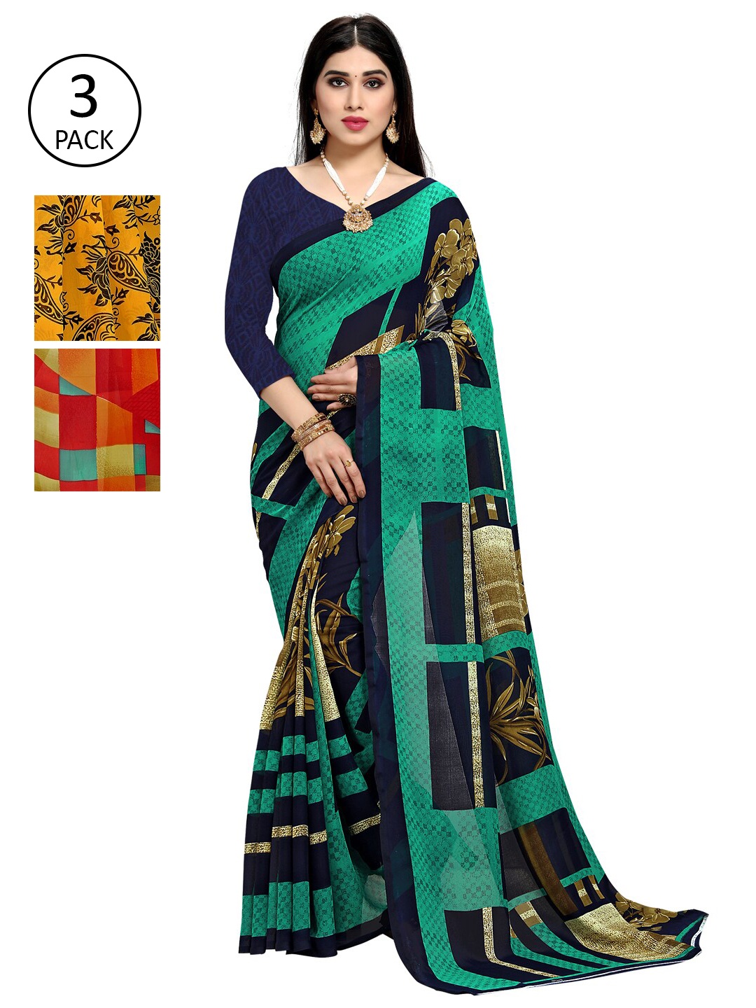 

KALINI Pack Of 3 Printed Sarees, Green