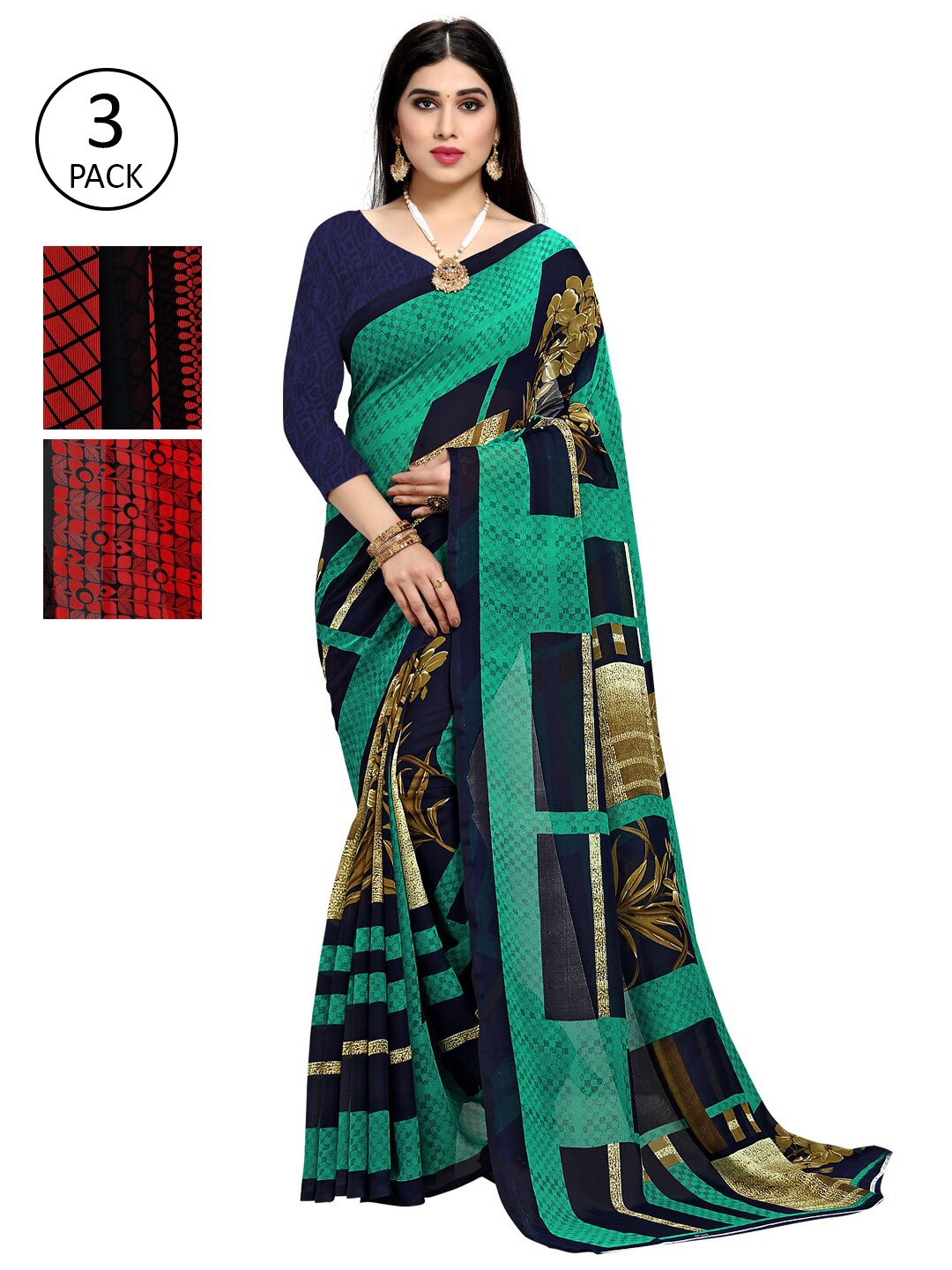 

KALINI Pack Of 3 Printed Sarees, Teal