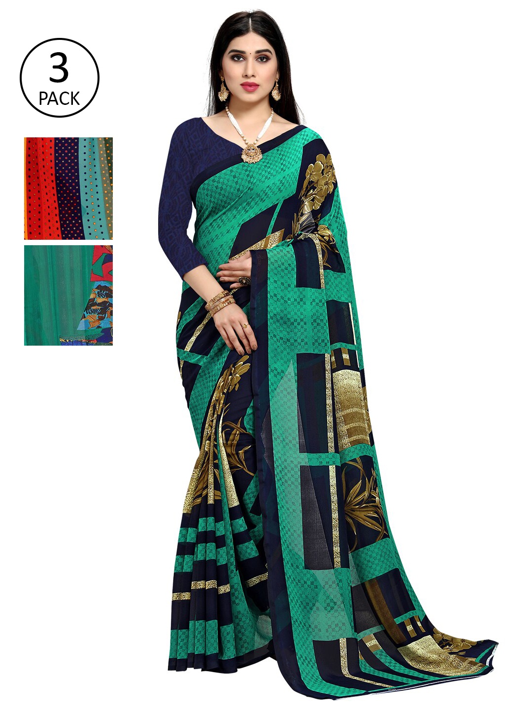 

KALINI Set of 3 Poly Georgette Saree, Multi