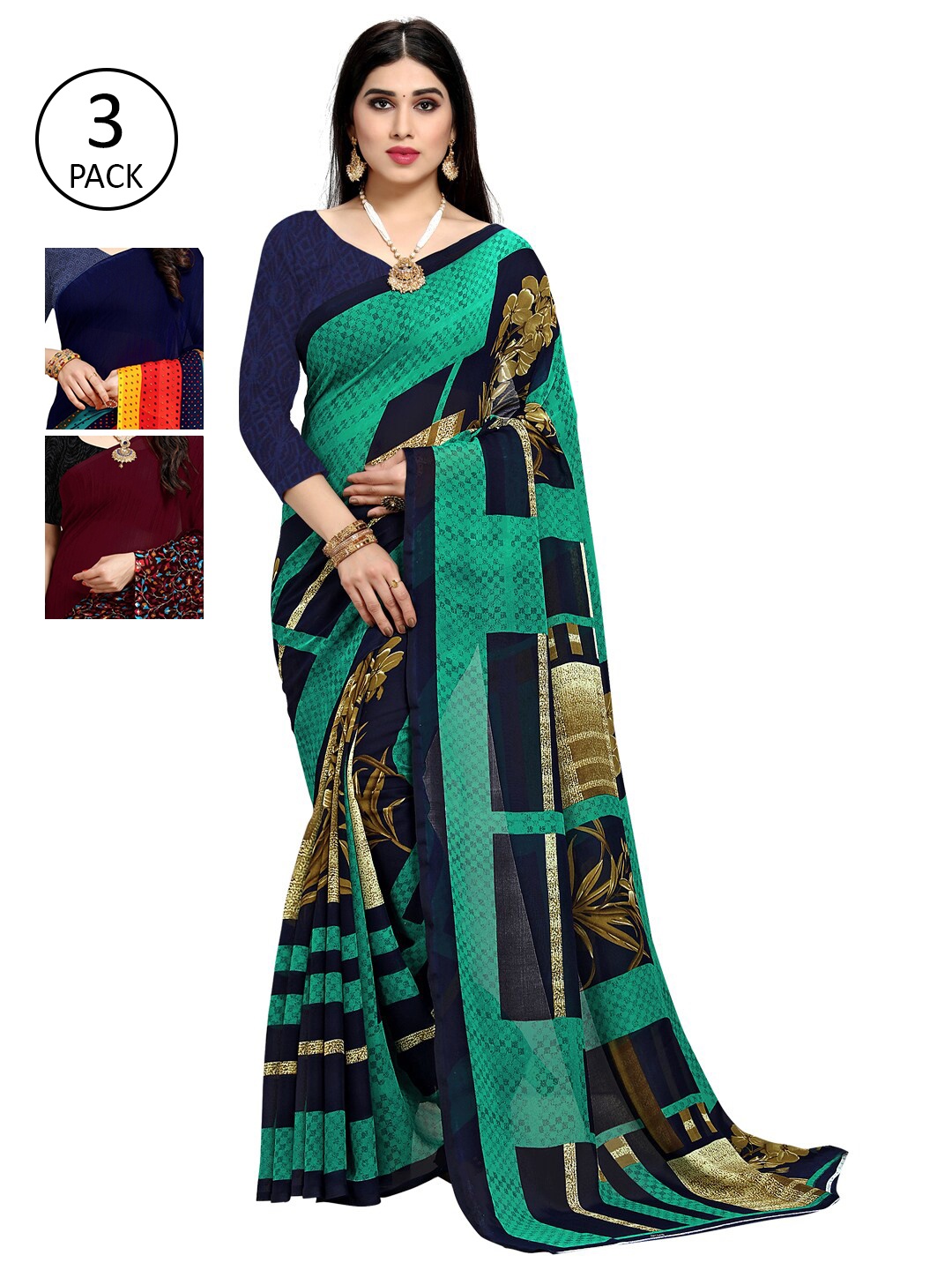 

KALINI Pack Of 3 Printed Poly Georgette Sarees, Blue