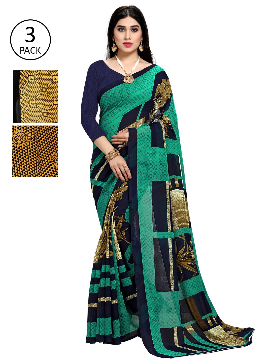

KALINI Pack Of 3 Printed Poly Georgette Sarees, Teal