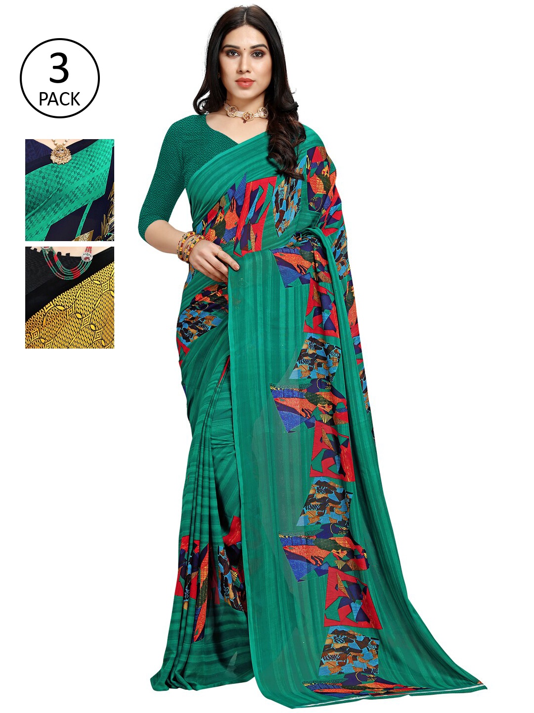 

KALINI Green & Yellow Pack of 3 Saree