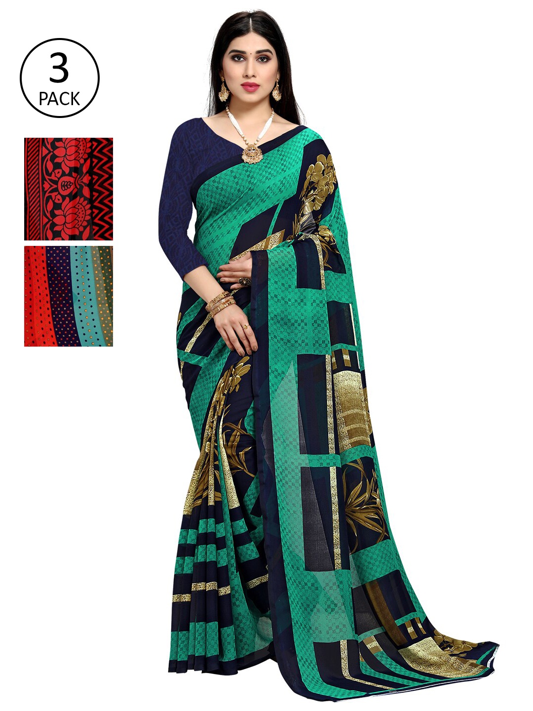 

KALINI Pack Of 3 Printed Saree, Blue