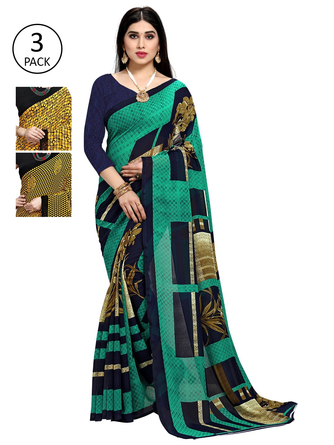 

KALINI Pack of 3 Green & Yellow Printed Poly Georgette Sarees