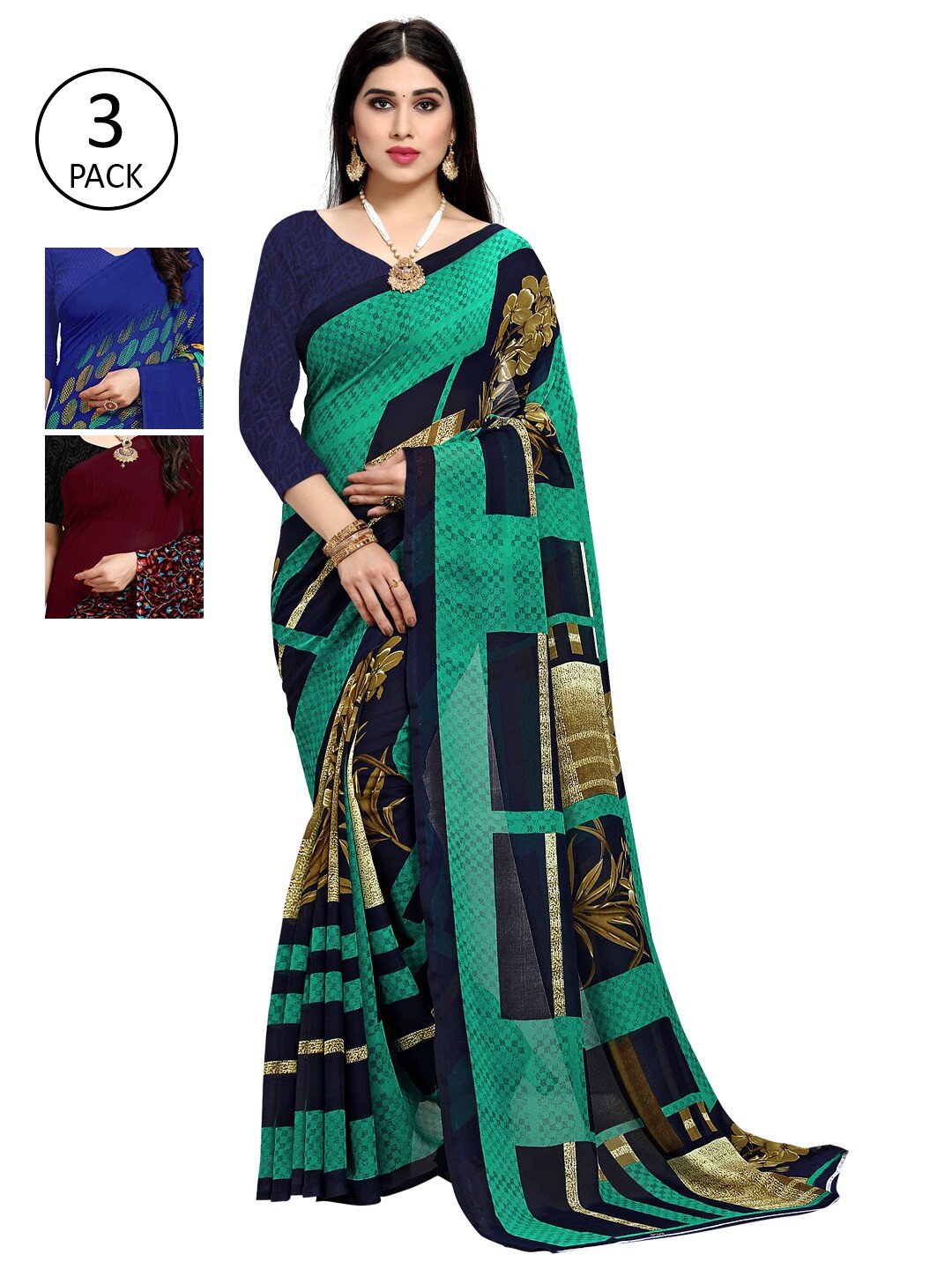 

KALINI Pack of 3 Poly Georgette Saree, Burgundy