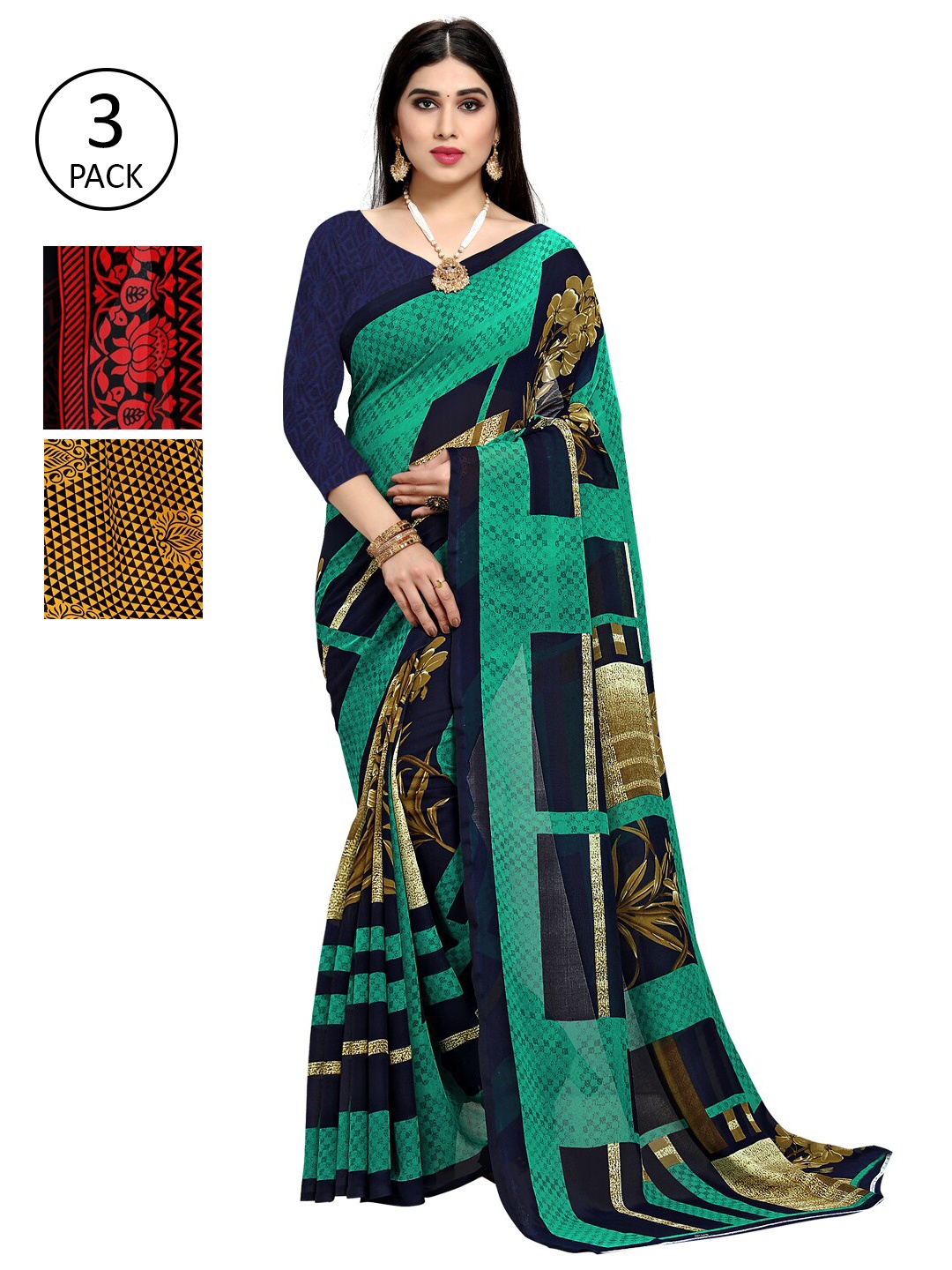 

KALINI Pack of 3 Poly Georgette Sarees, Blue