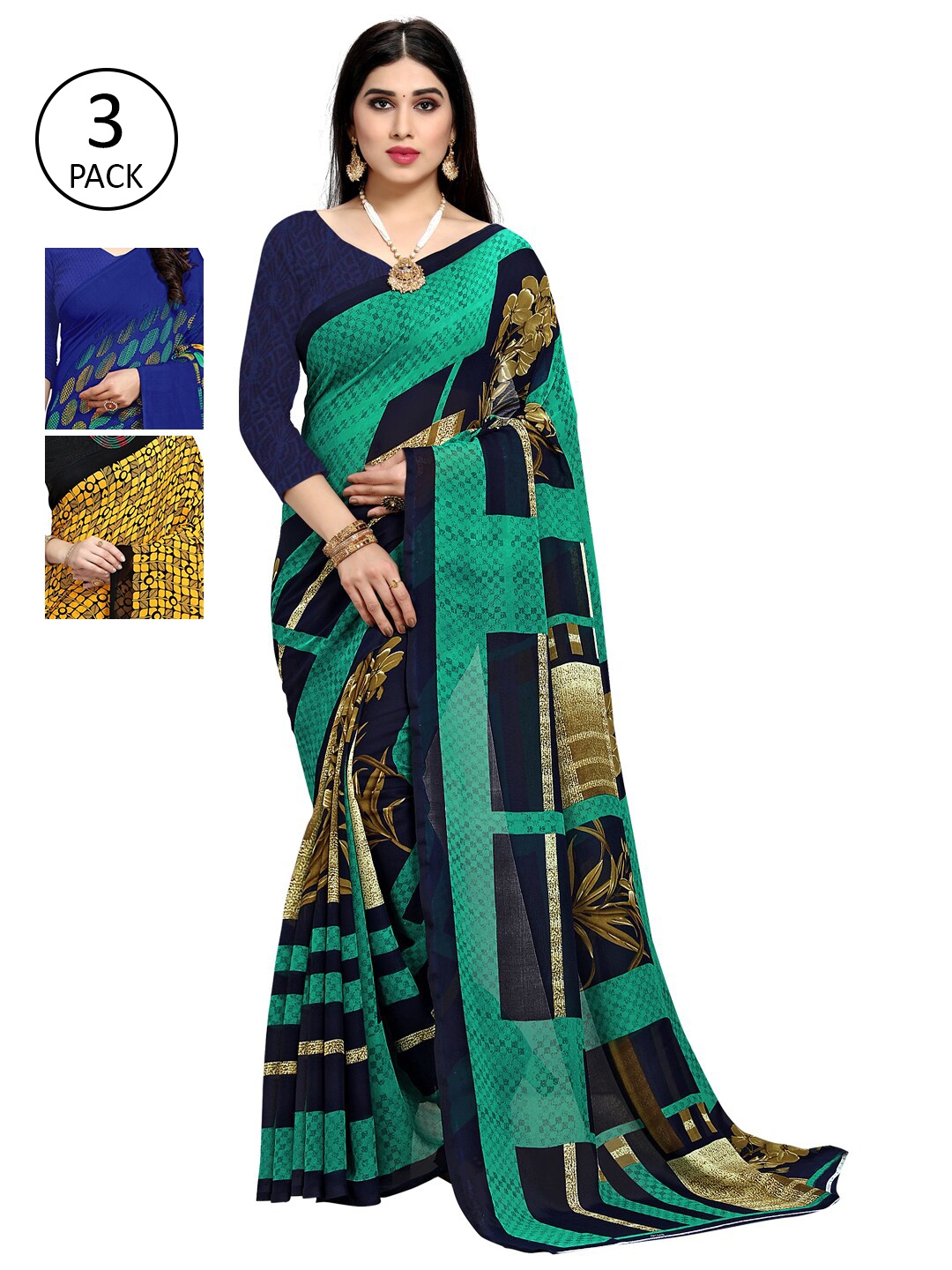 

KALINI Pack Of 3 Printed Sarees, Green