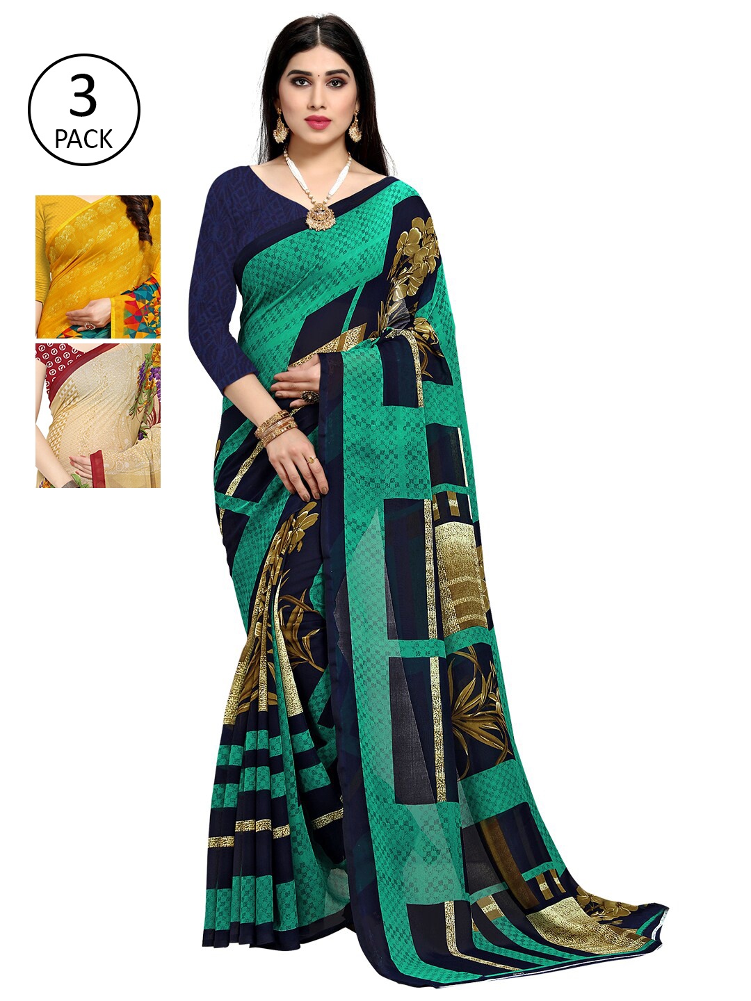 

KALINI Pack of 3 Poly Georgette Saree, Green