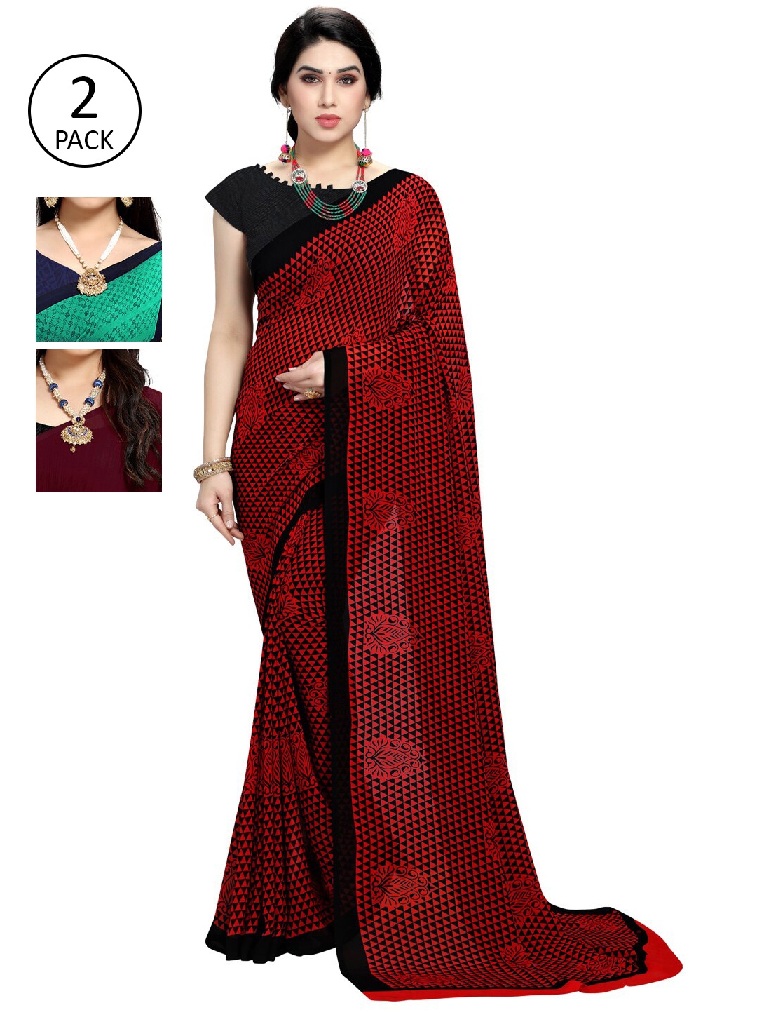 

KALINI Women Pack Of 3 Poly Georgette Printed Sarees, Teal