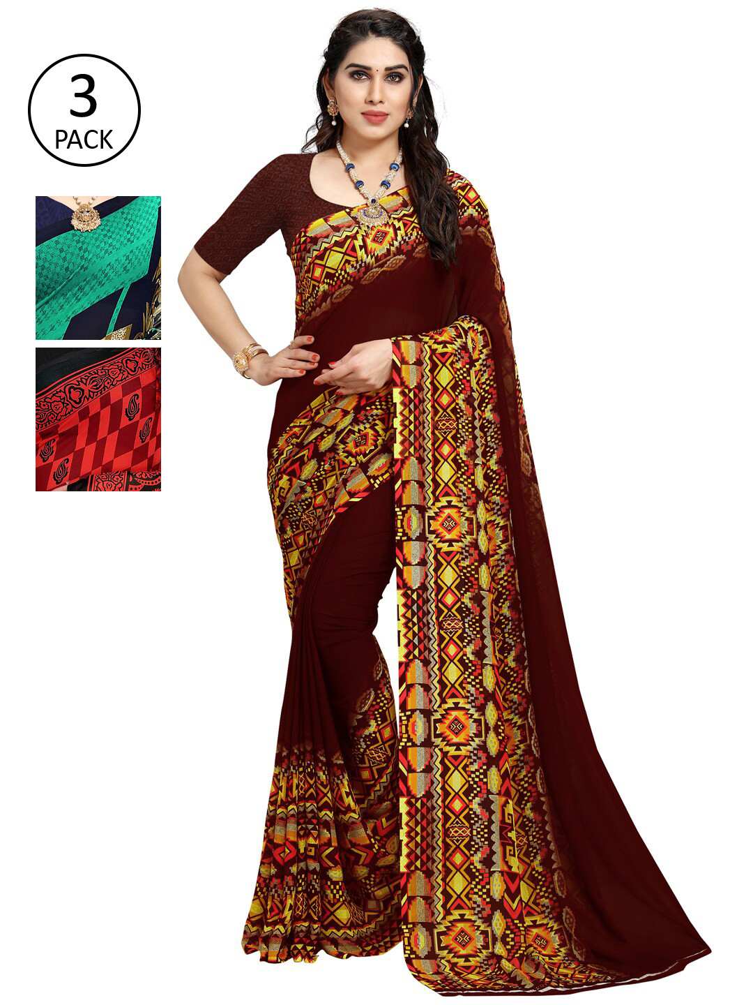 

KALINI Pack of 3 Red & Green Printed Poly Georgette Sarees
