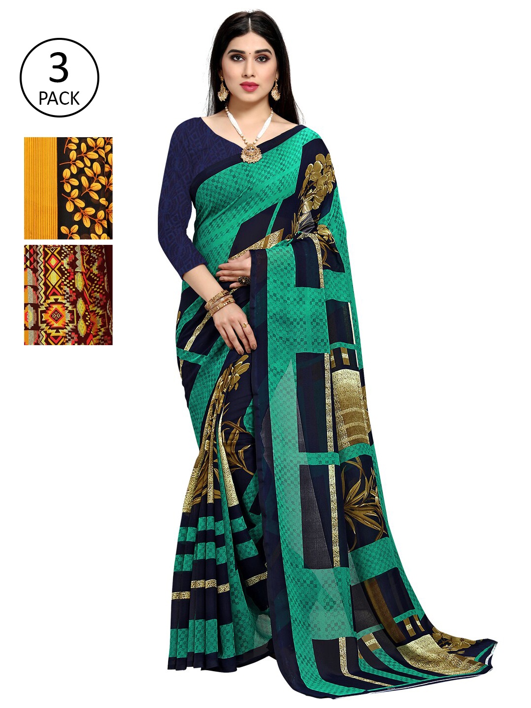 

KALINI Pack of 3 Poly Georgette Saree, Green