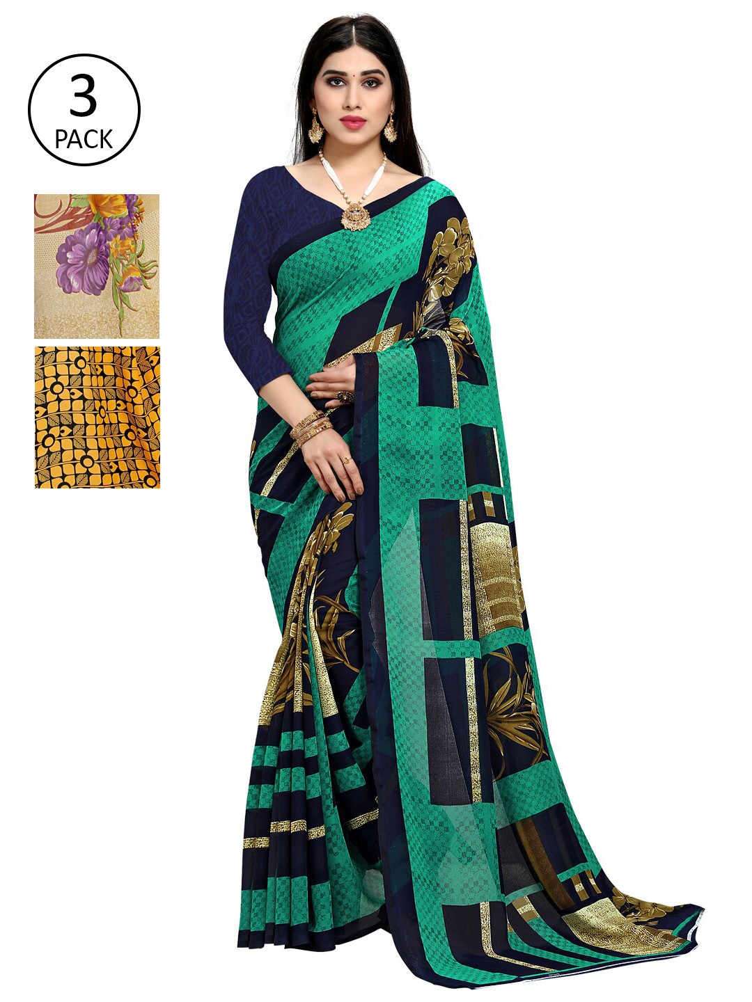 

KALINI Pack Of 3 Green & Yellow Saree
