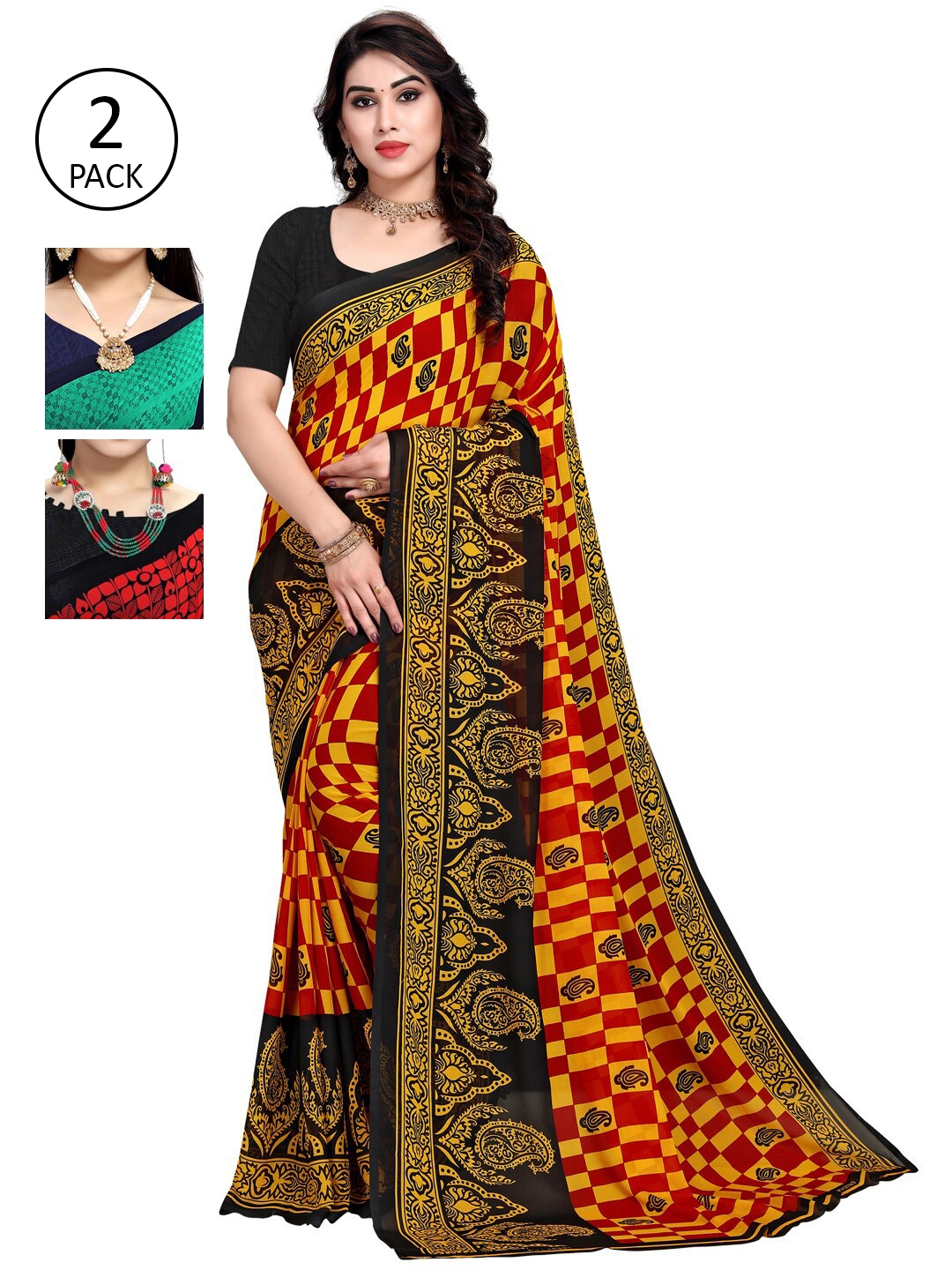 

KALINI Blue & Red Pack of 3 Ethnic Motifs Saree