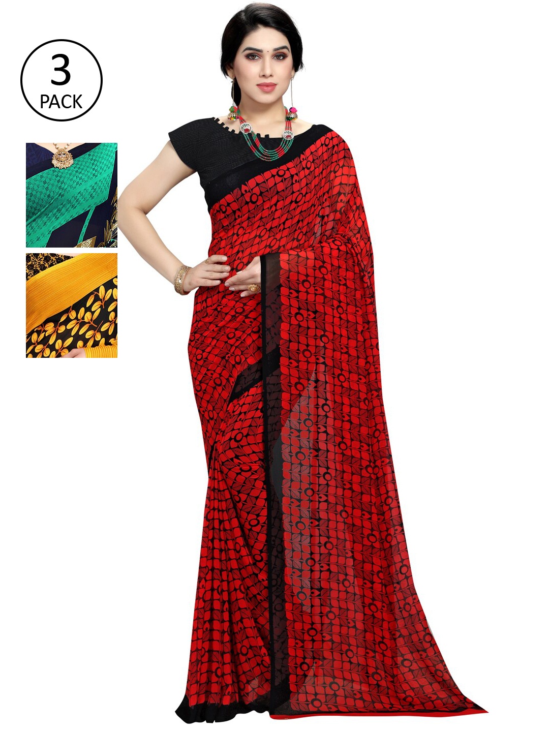 

KALINI Pack of 3 Printed Poly Georgette Sarees, Multi