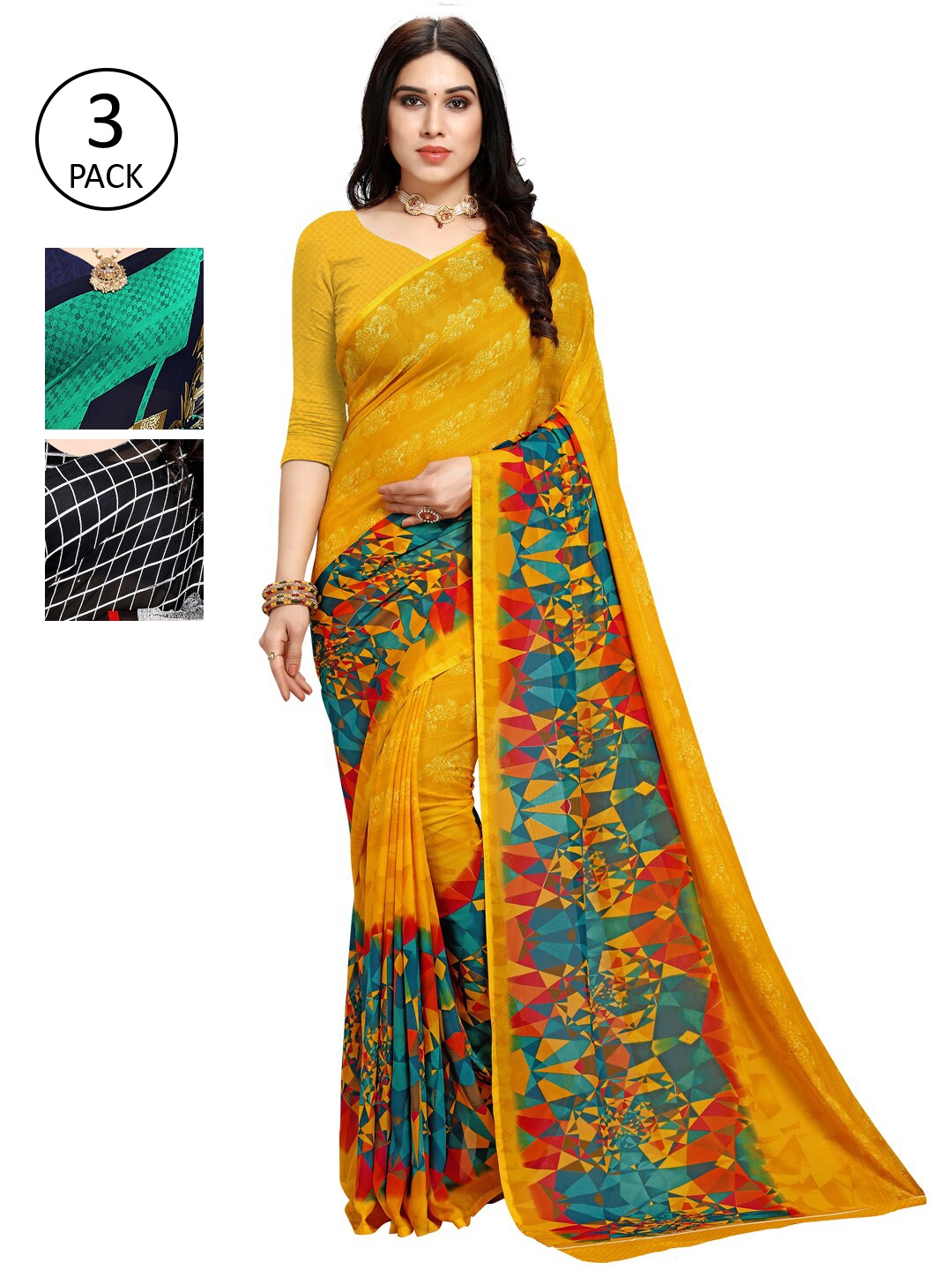 

KALINI Women Pack Of 3 Poly Georgette Printed Sarees, Teal
