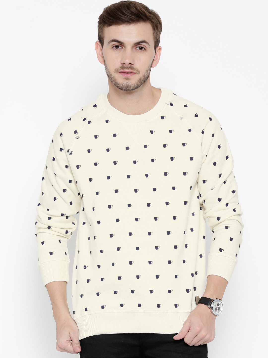 

John Players Cream-Coloured Printed Slim Fit Sweatshirt