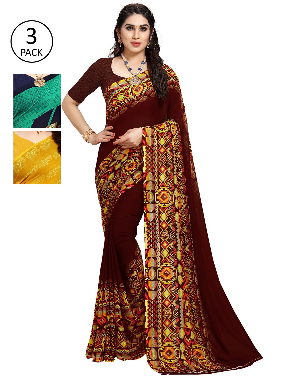 

KALINI Pack Of 3 Navy Blue & Maroon Saree