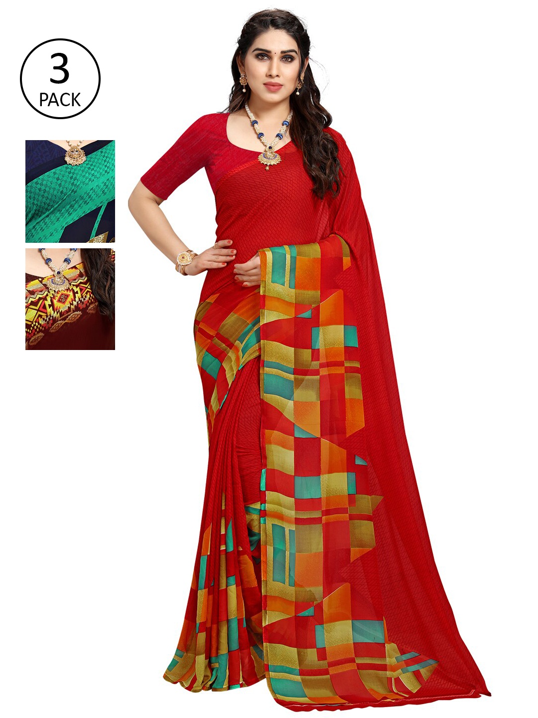 

KALINI Women Pack Of 3 Poly Georgette Printed Sarees, Teal