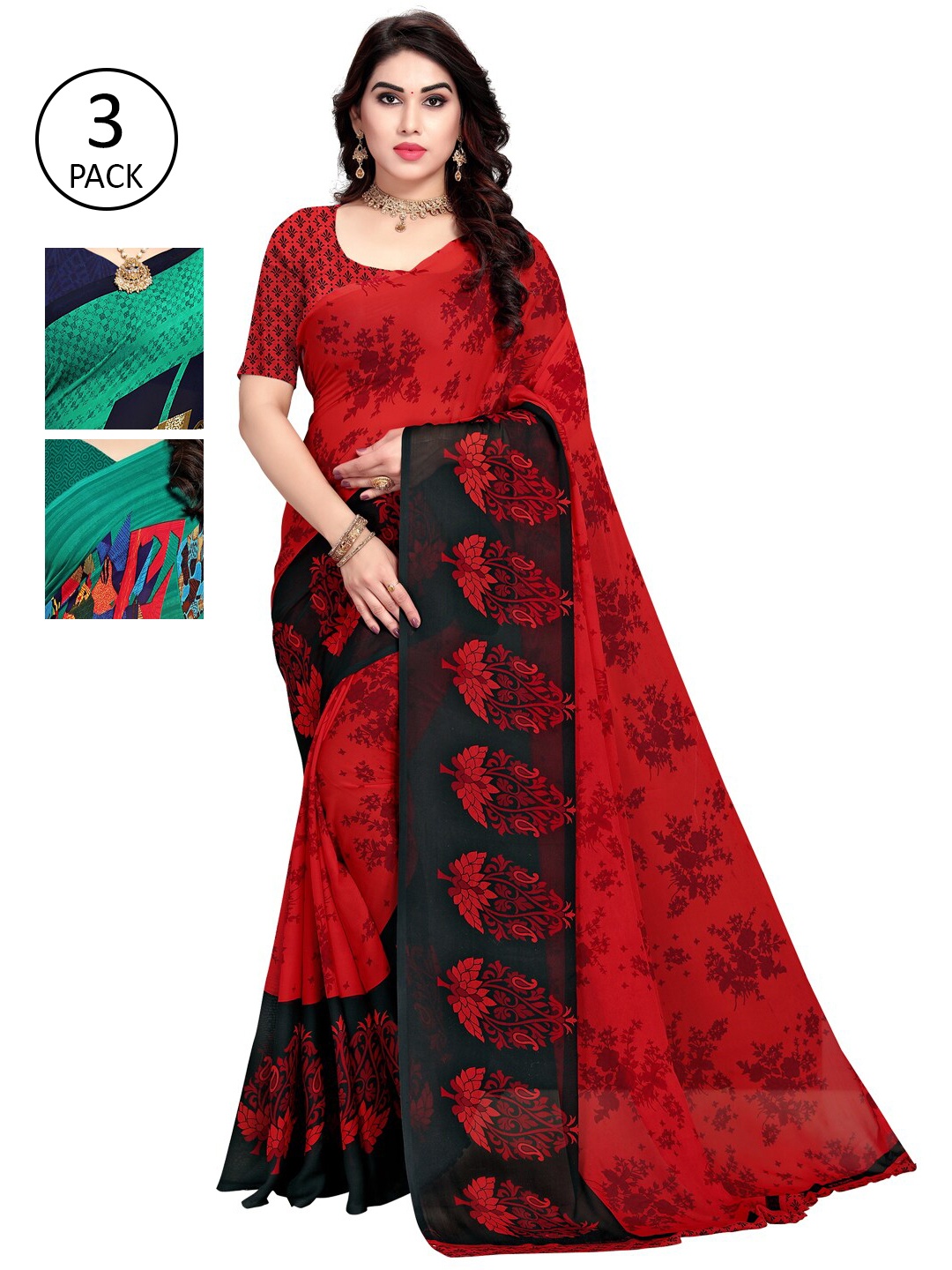 

KALINI Green & Red Pack of 3 Saree