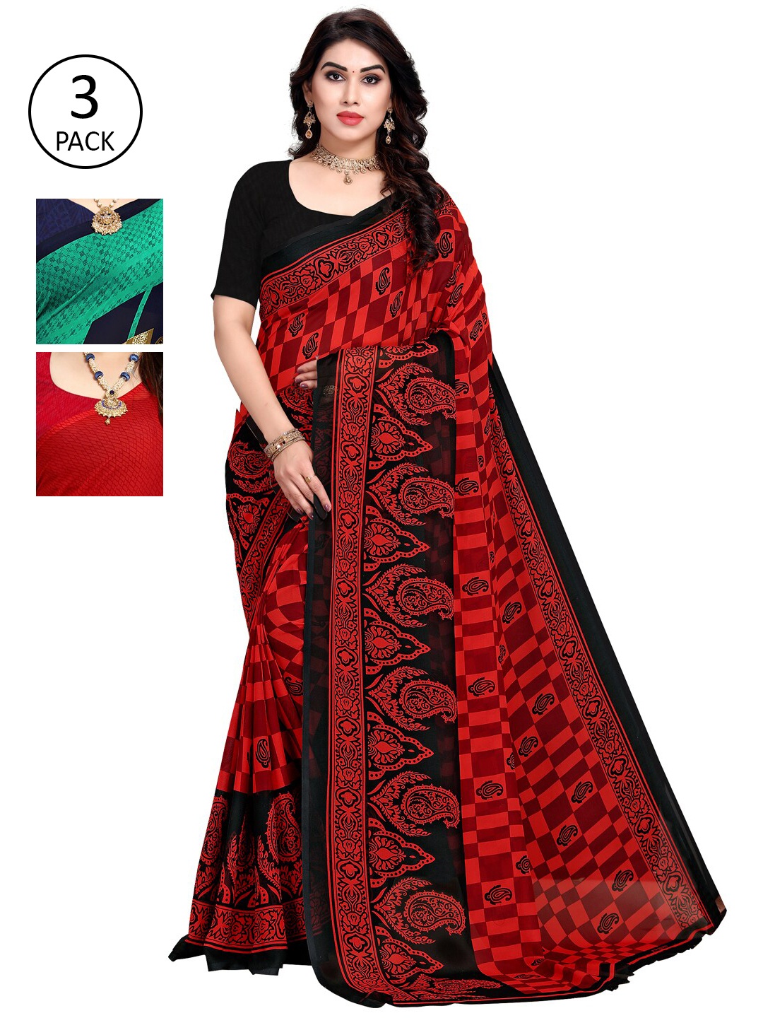 

KALINI Women Pack Of 3 Poly Georgette Printed Sarees, Teal