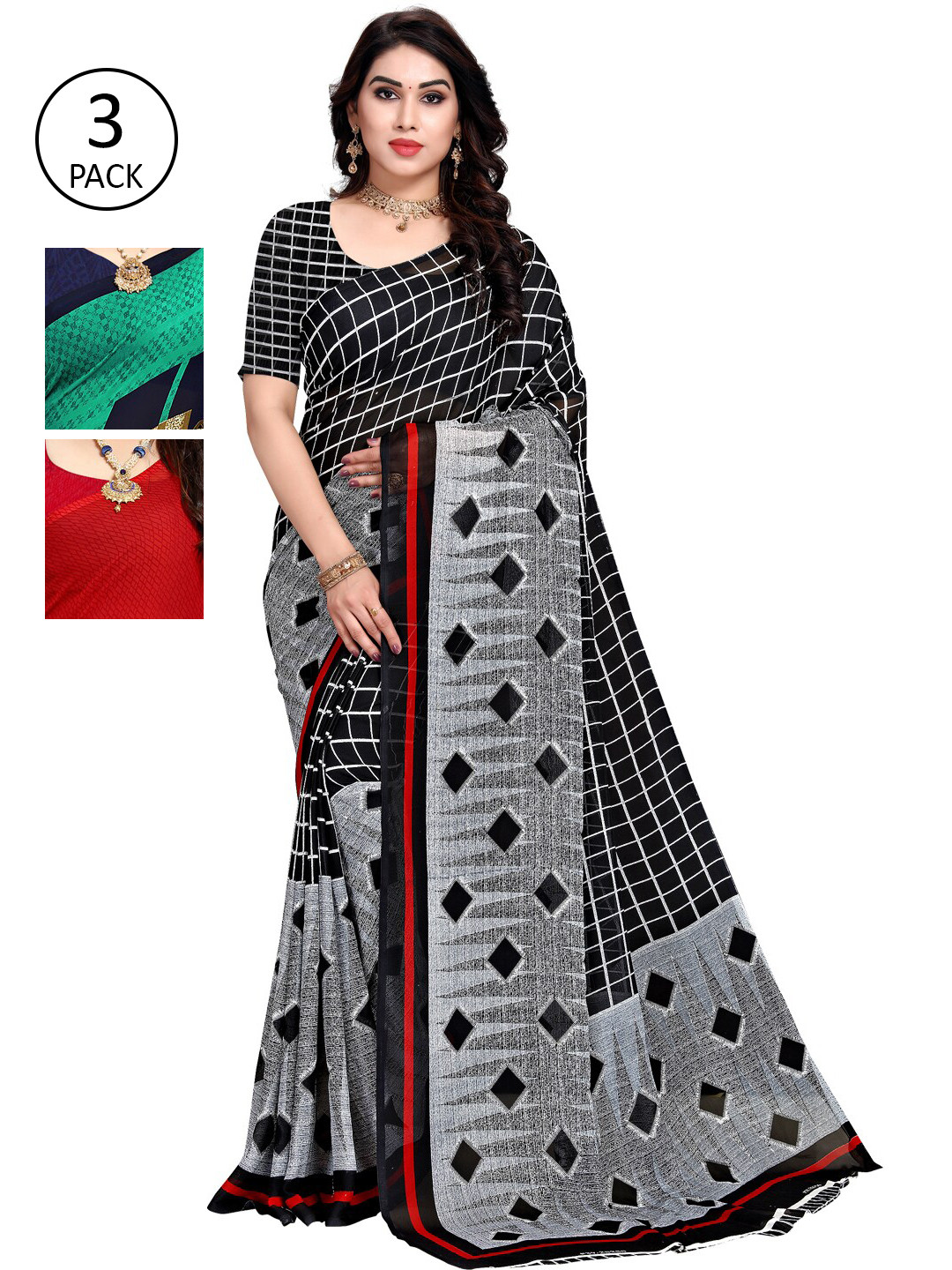 

KALINI Pack of 3 Grey & Green Printed Poly Georgette Sarees