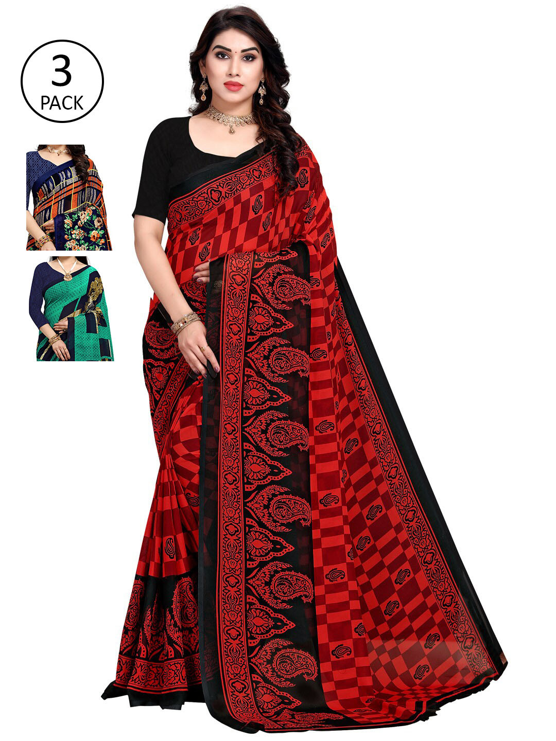 

KALINI Pack Of 3 Poly Georgette Printed Saree, Red