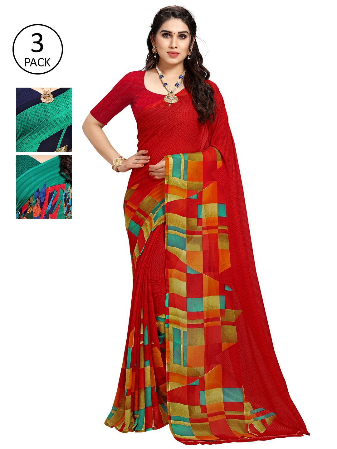 

KALINI Pack of 3 Green & Red Printed Poly Georgette Sarees