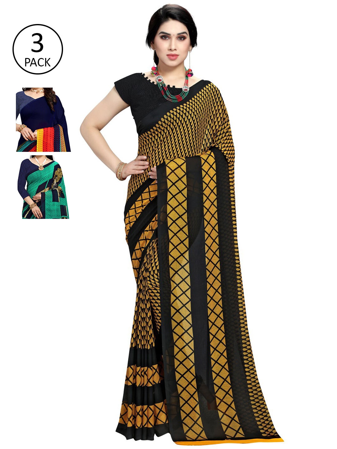 

KALINI Pack of 3 Printed Poly Georgette Sarees, Multi
