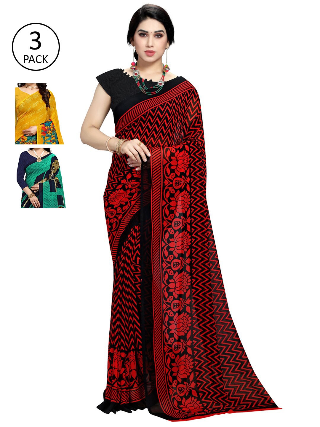 

KALINI Pack of 3 Printed Saree, Green