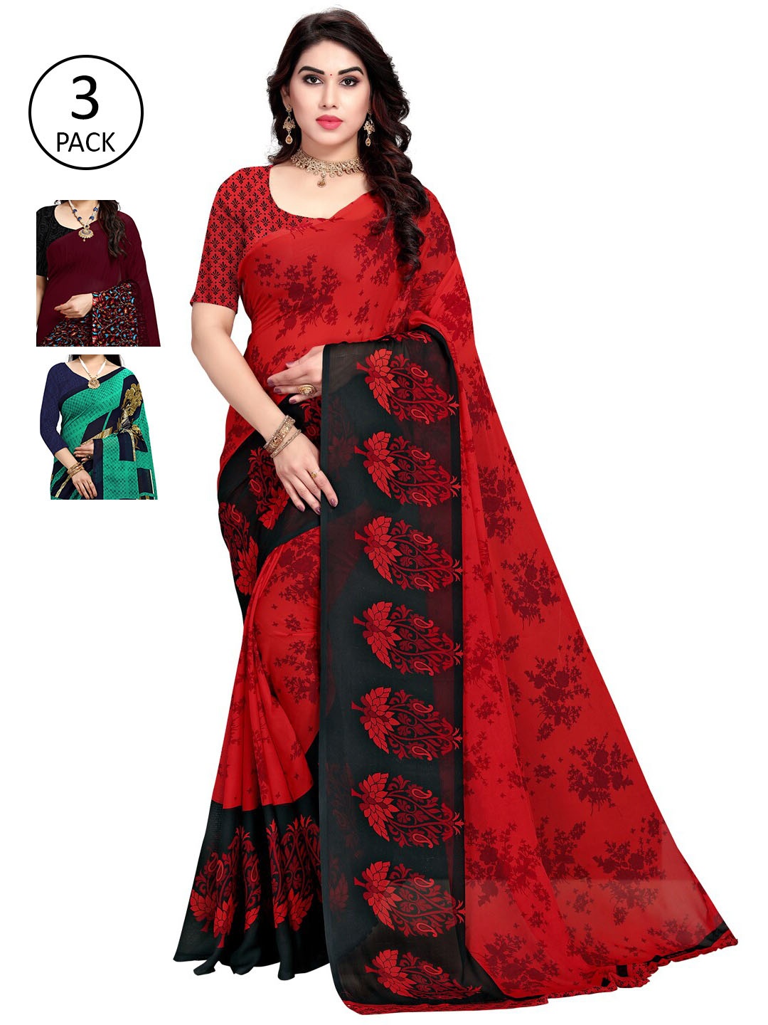

KALINI Blue & Green Pack of 3 Ethnic Motifs Saree