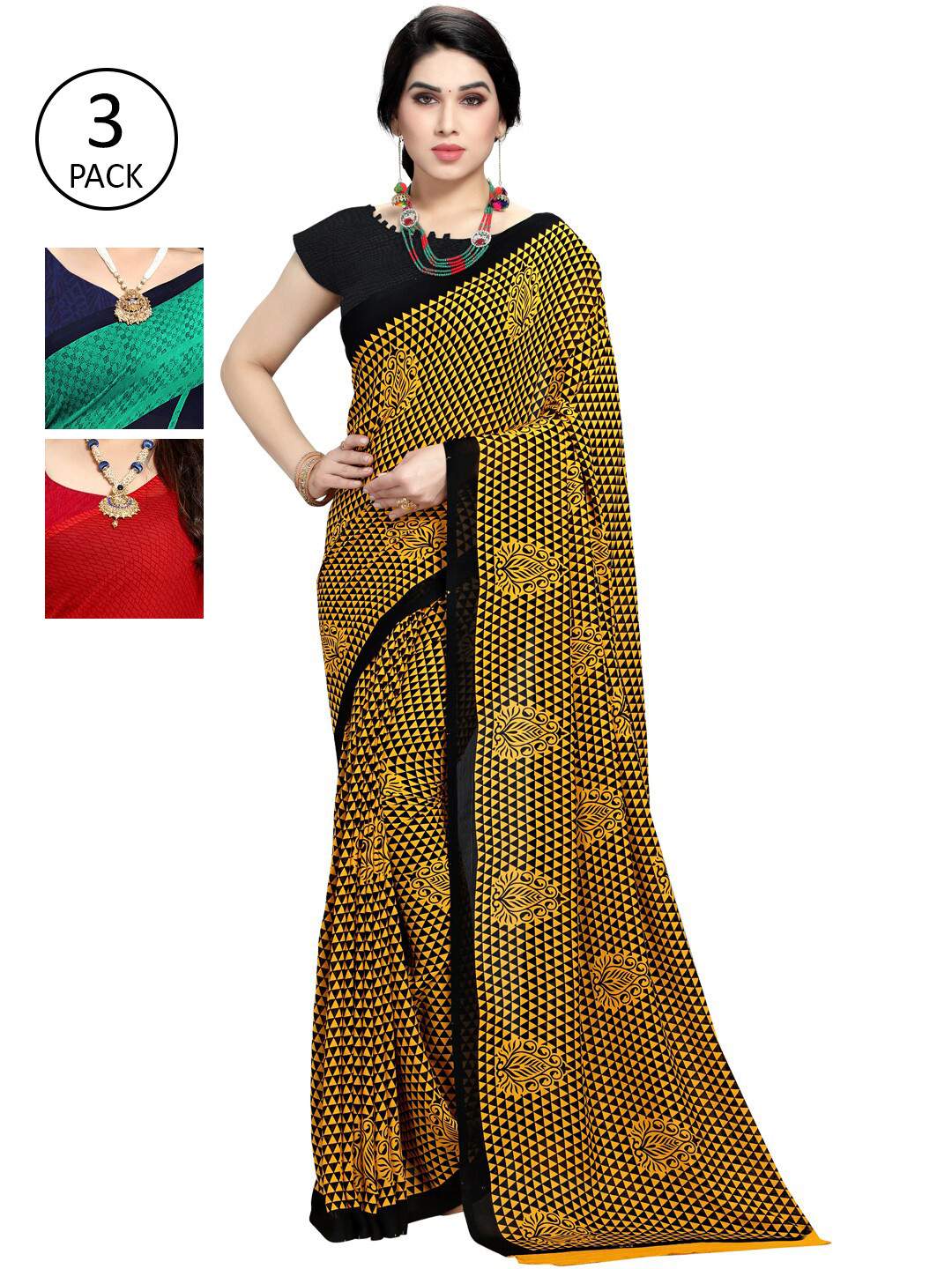 

KALINI Pack of 3 Poly Georgette Saree, Green