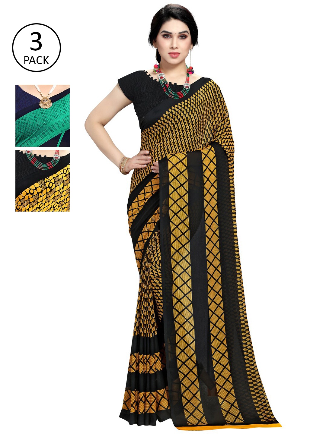 

KALINI Pack Of 3 Printed Saree, Teal