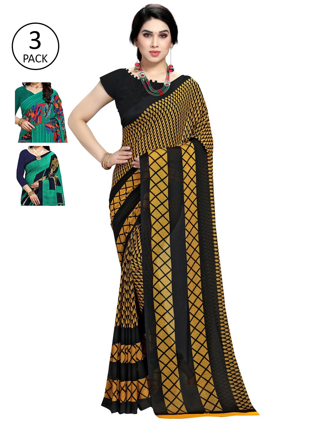 

KALINI Pack Of 3 Printed Poly Georgette Sarees, Teal