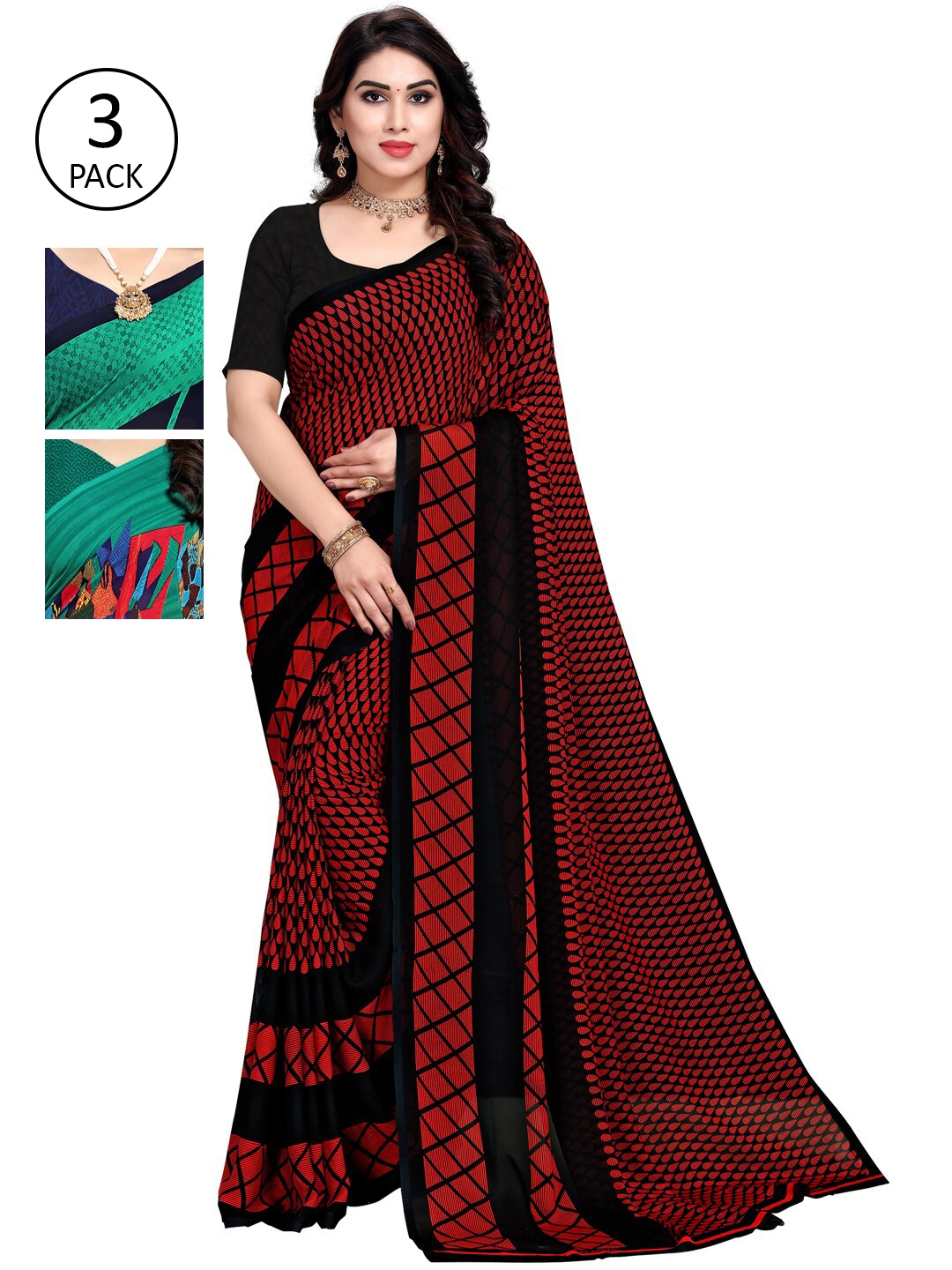 

KALINI Pack Of 3 Printed Poly Georgette Sarees, Green
