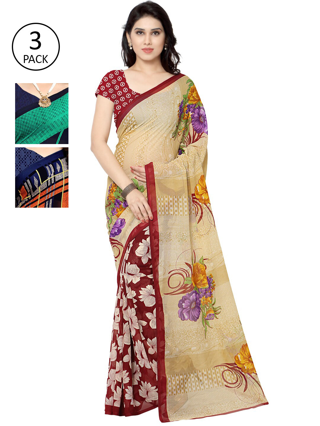 

KALINI Pack of 3 Poly Georgette Saree, Navy blue