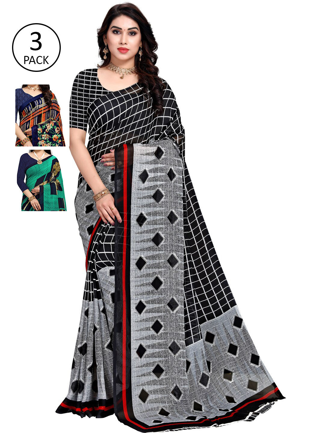 

KALINI Pack Of 3 Printed Sarees, Teal