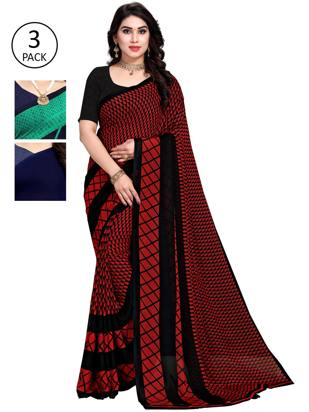 

KALINI Pack Of 3 Green & Maroon Saree