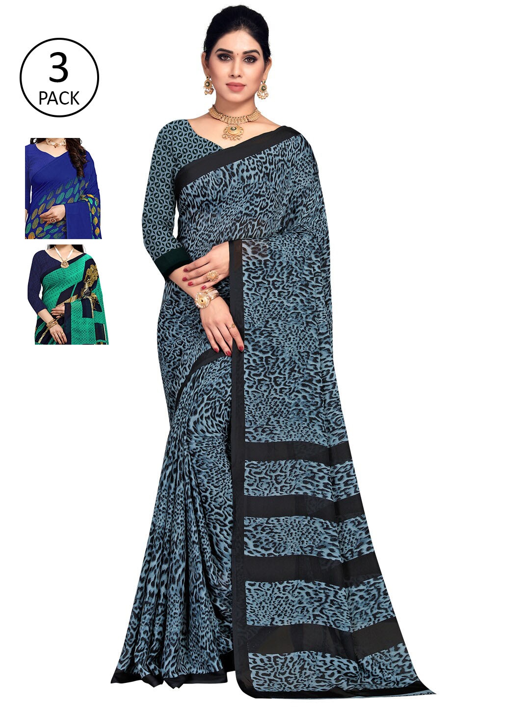 

KALINI Pack Of 3 Poly Georgette Printed Sarees, Multi