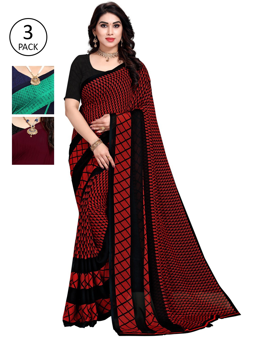 

KALINI Pack Of 3 Maroon & Green Saree