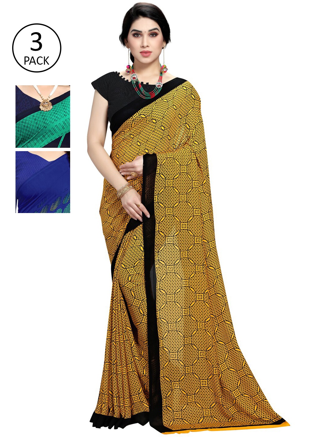

KALINI Pack of 3 Yellow & Green Printed Poly Georgette Sarees