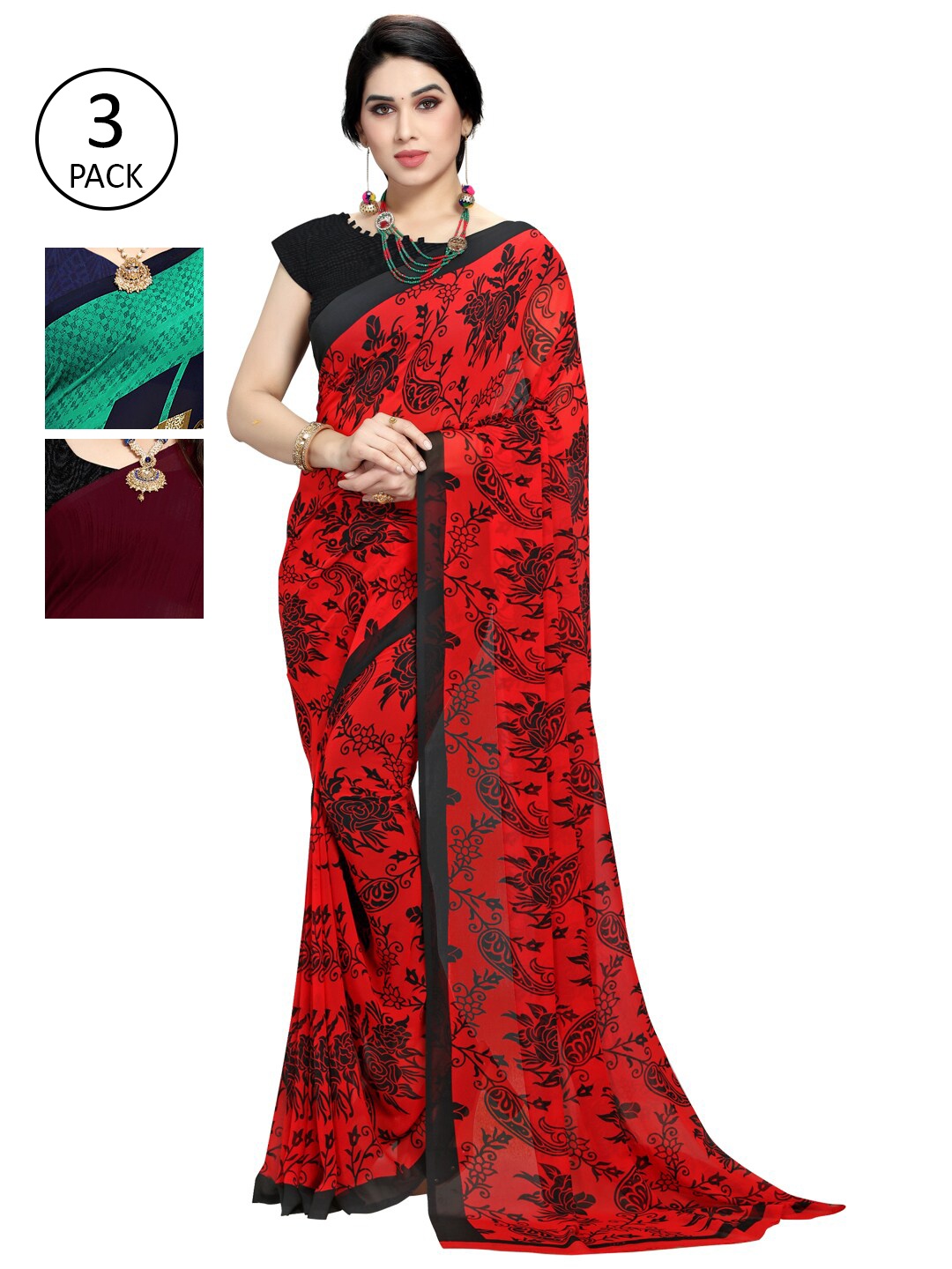 

KALINI Pack Of 3 Green & Red Saree
