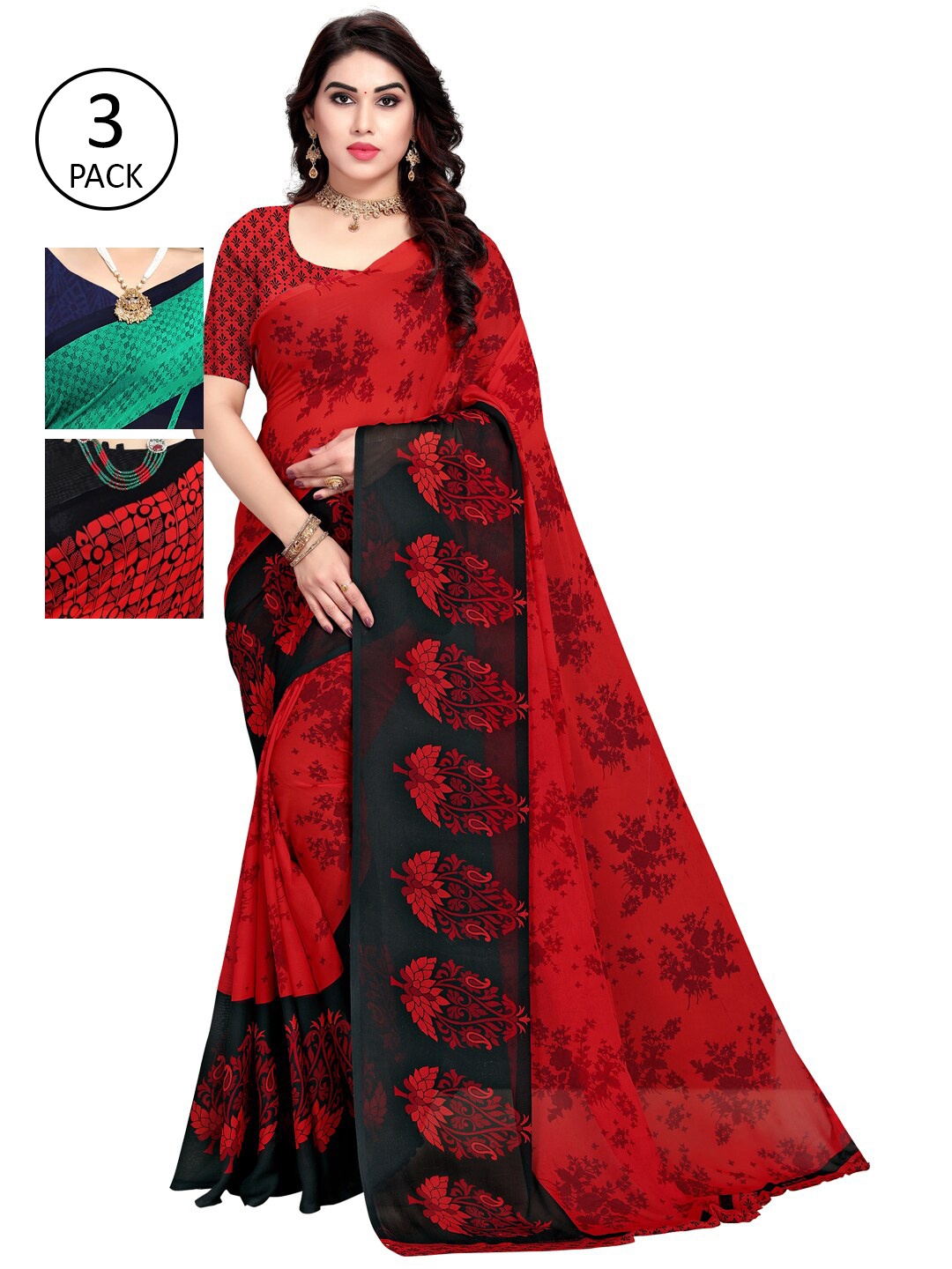 

KALINI Pack Of 3 Printed Saree, Green