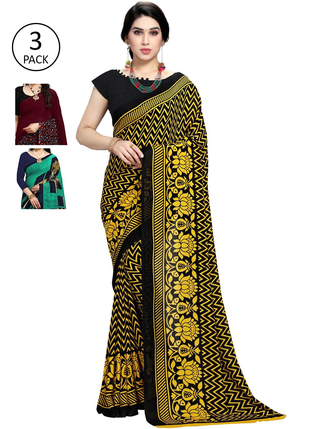 

KALINI Pack of 3 Yellow & Green Printed Poly Georgette Sarees