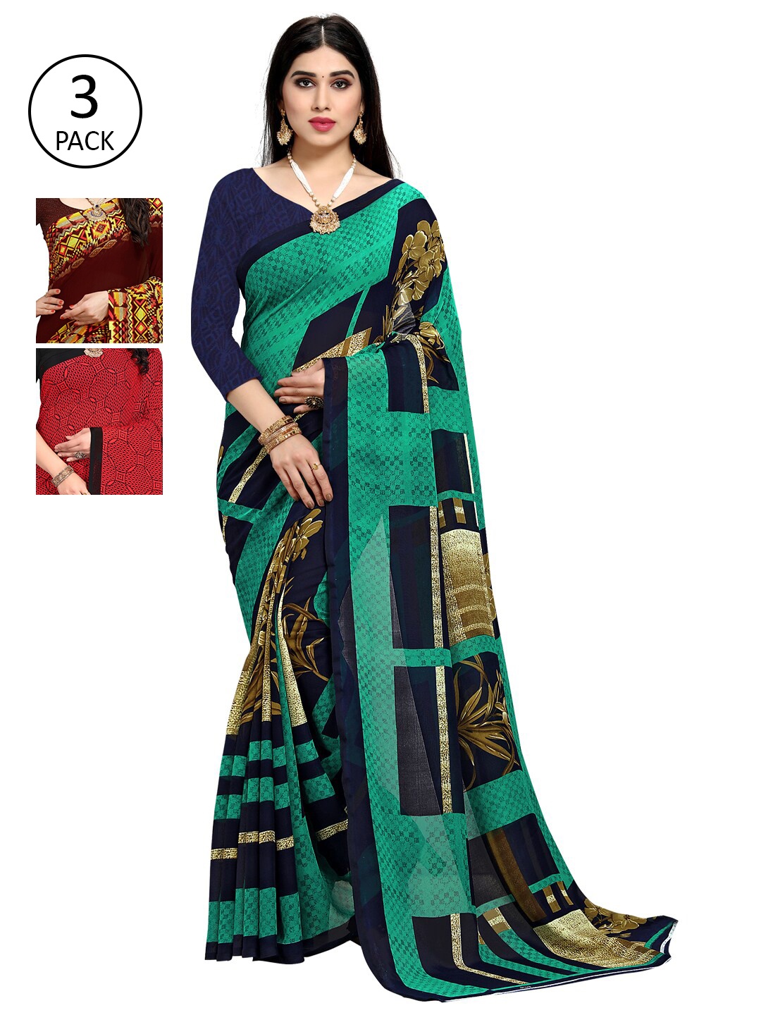 

KALINI Pack of 3 Printed Poly Georgette Sarees, Multi