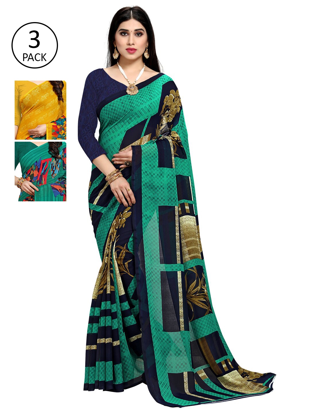 

KALINI Pack Of 3 Printed Sarees, Green