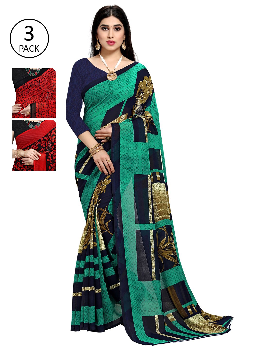 

KALINI Women Pack Of 3 Poly Georgette Printed Sarees, Multi