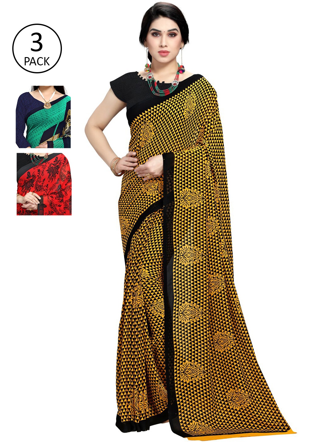 

KALINI Pack of 3 Yellow & Green Printed Poly Georgette Sarees